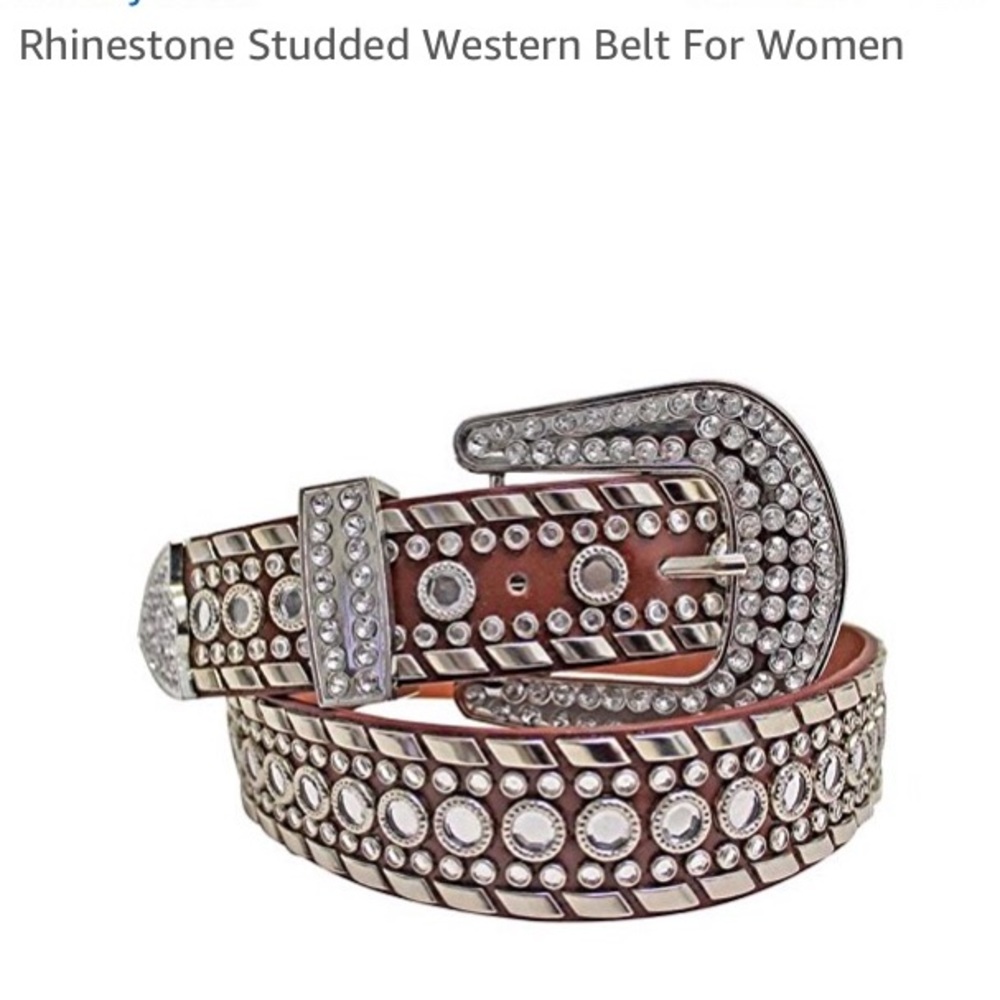 Rhinestone studded leather belt brown
